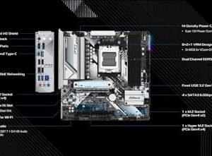 Asrock B650M Pro RS AMD Socket AM5 Ryzen 7000/8000/9000 Series DDR5 7200+ (OC) MHz 256GB M.2 Key E for WiFi SATA3 6.0 Gb/s Micro ATX Motherboard 2.5G LAN BIOS Flashback