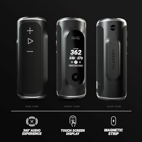 Blue Tees Golf Player+ GPS Speaker with Touch Screen Display, 10+ Hours Battery, 40,000+ Courses, Visual + Audible Distance, Hazard Distance - IPX7 Waterproof (Black)