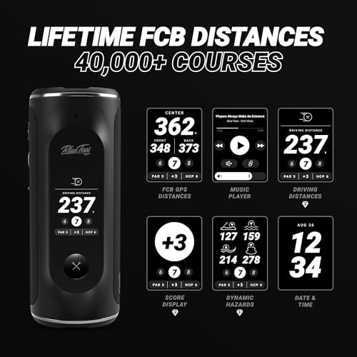 Blue Tees Golf Player+ GPS Speaker with Touch Screen Display, 10+ Hours Battery, 40,000+ Courses, Visual + Audible Distance, Hazard Distance - IPX7 Waterproof (Black)