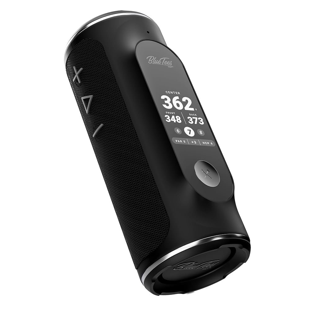 Blue Tees Golf Player+ GPS Speaker with Touch Screen Display, 10+ Hours Battery, 40,000+ Courses, Visual + Audible Distance, Hazard Distance - IPX7 Waterproof (Black)