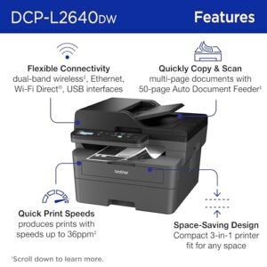 Brother DCP-L2640DW Wireless Compact Monochrome Multi-Function Laser Printer with Copy and Scan, Duplex, Mobile, Black & White | Includes Refresh Subscription Trial(1), Works...