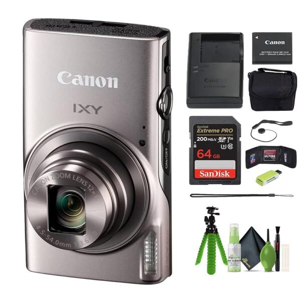 Canon PowerShot IXY 650 (ELPH 360) HS Compact Digital Camera 12x Optical Zoom IXY650 (Silver) Bundle + 64GB Memory Card + Camara Bag + Card Reader + Vlogging Tripod + Cleaning...