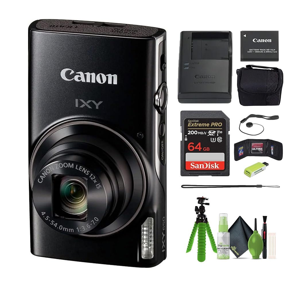 Canon PowerShot IXY 650 (ELPH 360) HS Compact Digital Camera 12x Optical Zoom IXY650 (Black) Bundle with 64GB Memory Card + Camara Bag + Card Reader + Vlogging Tripod + Cleaning...