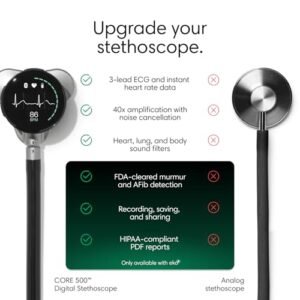 CORE 500™ Digital Stethoscope — 40x Amplification, Active Noise Cancellation, 3-Lead ECG, FDA-Cleared AI with Eko+, Full-Color Display, Reimbursement Eligible — Matte Black,...