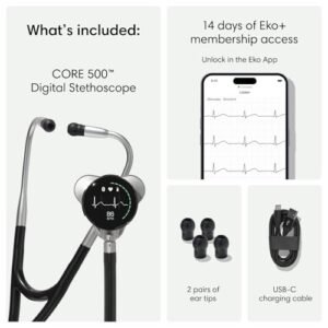 CORE 500™ Digital Stethoscope — 40x Amplification, Active Noise Cancellation, 3-Lead ECG, FDA-Cleared AI with Eko+, Full-Color Display, Reimbursement Eligible — Matte Black,...