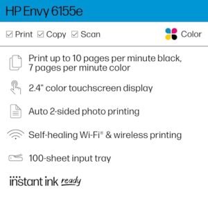 HP Envy 6155e Wireless All-in-One Color Inkjet Printer, Print, scan, Copy, Duplex Printing Best-for-Home, 3 month Instant Ink trial included (714L5A)