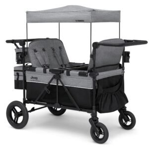 Jeep Wrangler Deluxe 4 Seater Stroller Wagon by Delta Children - Premium Quad Stroller Wagon for 4 Kids with Convertible Seats, Adjustable Push/Pull Handles, Removable Canopy &...