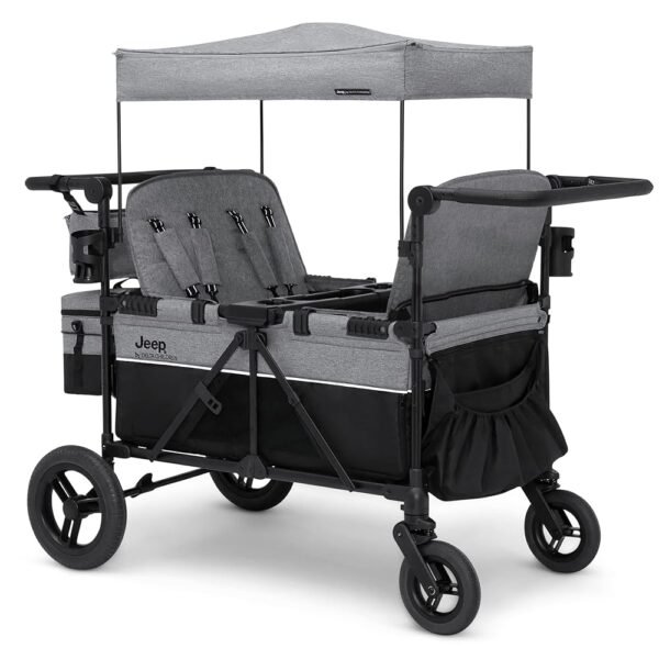 Jeep Wrangler Deluxe 4 Seater Stroller Wagon by Delta Children - Premium Quad Stroller Wagon for 4 Kids with Convertible Seats, Adjustable Push/Pull Handles, Removable Canopy &...