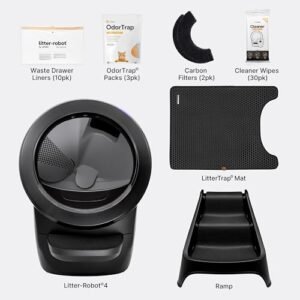 Litter-Robot 4 Supply & Accessory Bundle by Whisker, Black- Automatic Self-Cleaning Cat Litter Box, Includes Litter-Robot 4, Ramp, Mat, 3 OdorTrap Packs, 10 Liners, 30 Wipes, &...