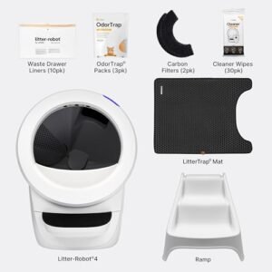 Litter-Robot 4 Supply & Accessory Bundle by Whisker, White- Automatic Self-Cleaning Cat Litter Box, Includes Litter-Robot 4, Ramp, Mat, 3 OdorTrap Packs, 10 Liners, 30 Wipes, &...