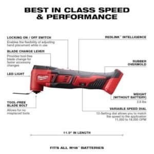 Milwaukee 2626-20 M18 18V Lithium Ion Cordless 18,000 OPM Orbiting Multi Tool with Woodcutting Blades and Sanding Pad with Sheets Included (Battery Not Included, Power Tool Only)