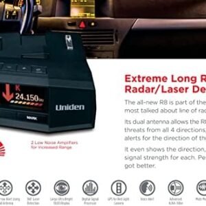 UNIDEN R8 Extreme Long-Range Radar/Laser Detector, Dual-Antennas Front & Rear Detection w/Directional Arrows, Built-in GPS w/Real-Time Alerts, Voice Alerts, Red Light...