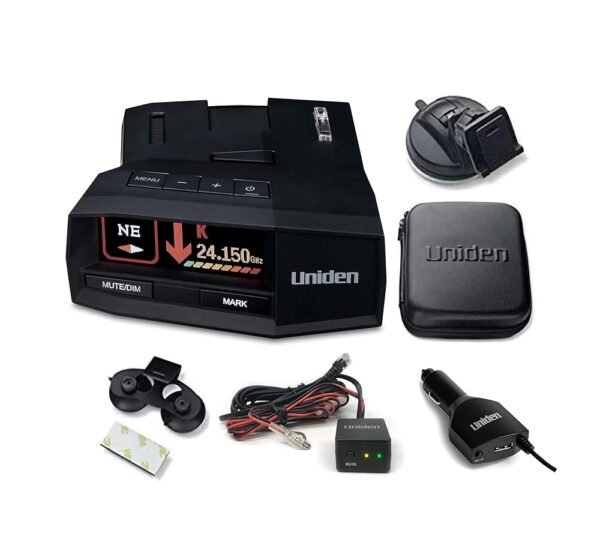 UNIDEN R8 Extreme Long-Range Radar/Laser Detector, Dual-Antennas Front & Rear Detection w/Directional Arrows & RDA-HDWKT Smart Hardwire Kit with Mute/Mark Button, LED Alert &...