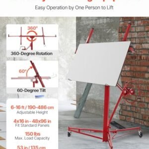 VEVOR Drywall Lift, 16ft Drywall Panel Hoist, Drywall Rolling Lifter of 150lb Load Capacity Lifting Tool, Steel Material with Telescopic Arm & 3 Lockable Wheels, 48 x 192 Inch...