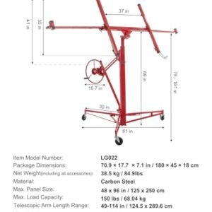 VEVOR Drywall Lift, 16ft Drywall Panel Hoist, Drywall Rolling Lifter of 150lb Load Capacity Lifting Tool, Steel Material with Telescopic Arm & 3 Lockable Wheels, 48 x 192 Inch...
