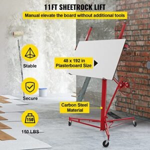 VEVOR Drywall Rolling Lifter Panel, 11ft Sheetrock Lift Drywall Lift, 150lb Weight Capacity Panel Hoist Jack Tool, Steel Material w/Telescopic Arm & 3 Lockable Wheels, 48x192 in...